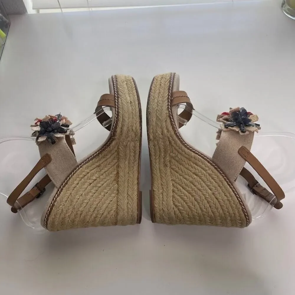 Tory Burch Linen Espadrille Wedge 7.5 Double Strap Sandals Boho Floral Jeweled